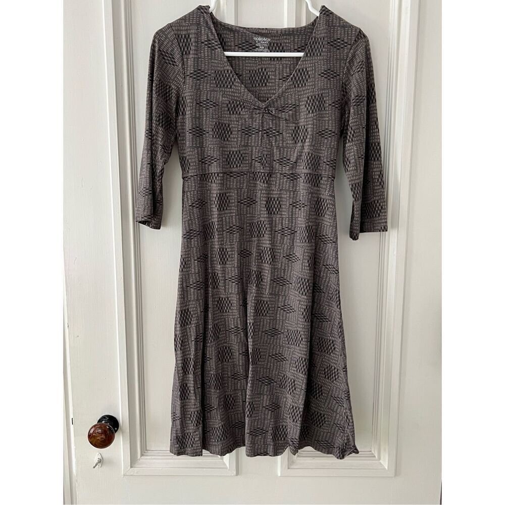 Toad & Co brown black and gray geometric print long sleeve v-neck dress XS